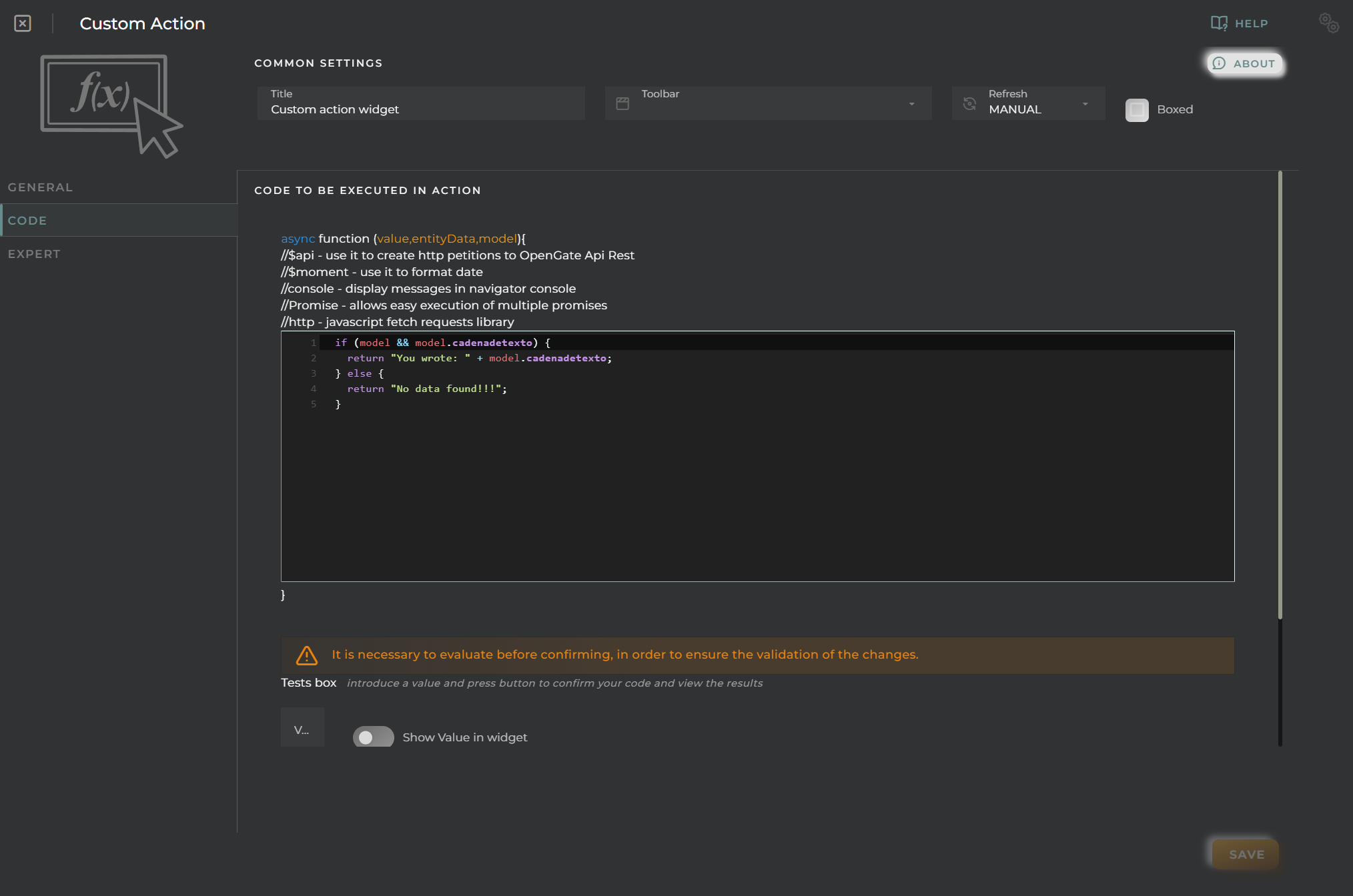 Custom action general configuration