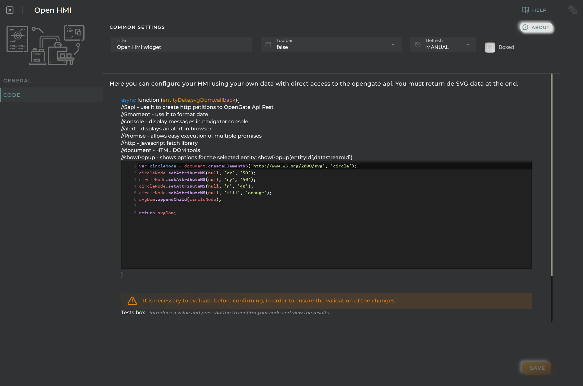 Open HMI code configuration