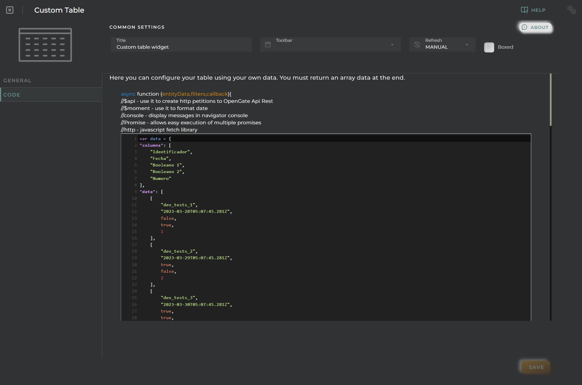 Custom table code configuration