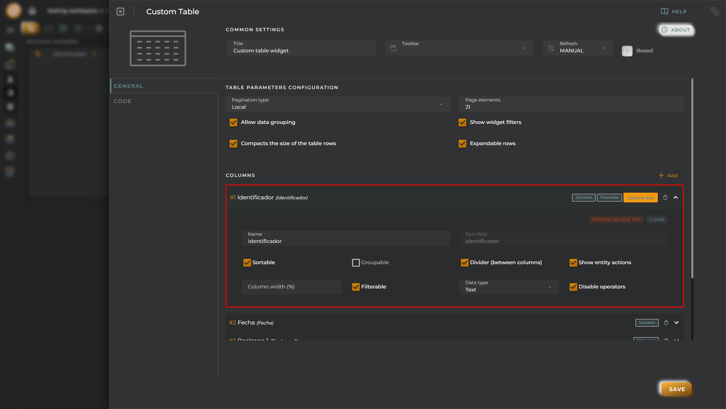 Custom table column configuration