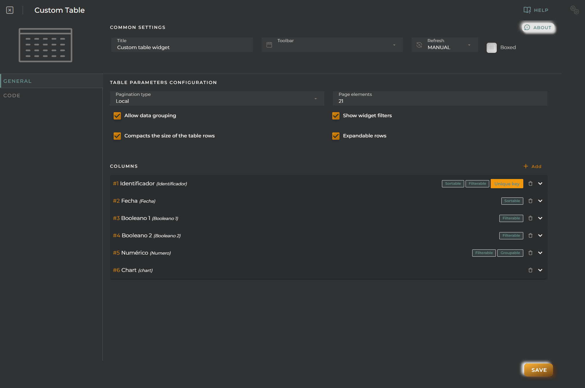 Custom table general configuration