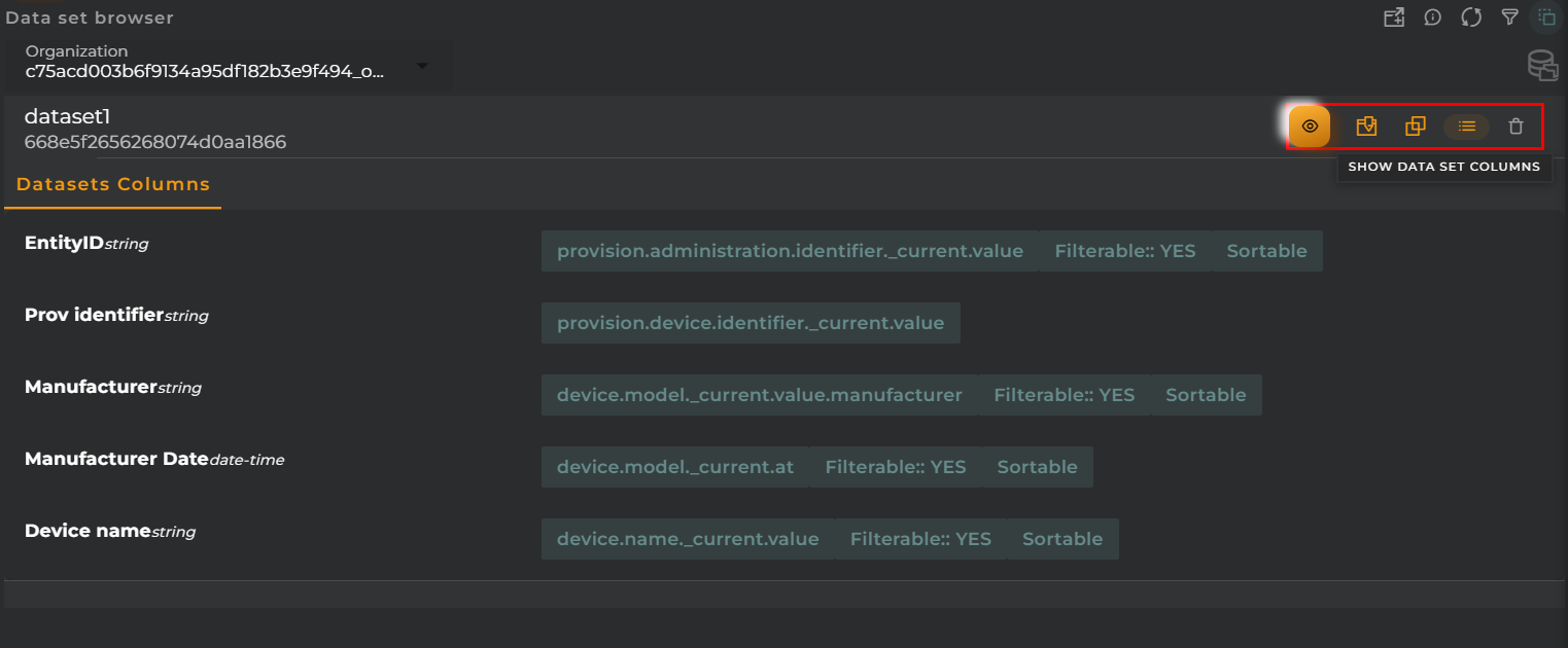 Data Sets Browser Data Set Actions