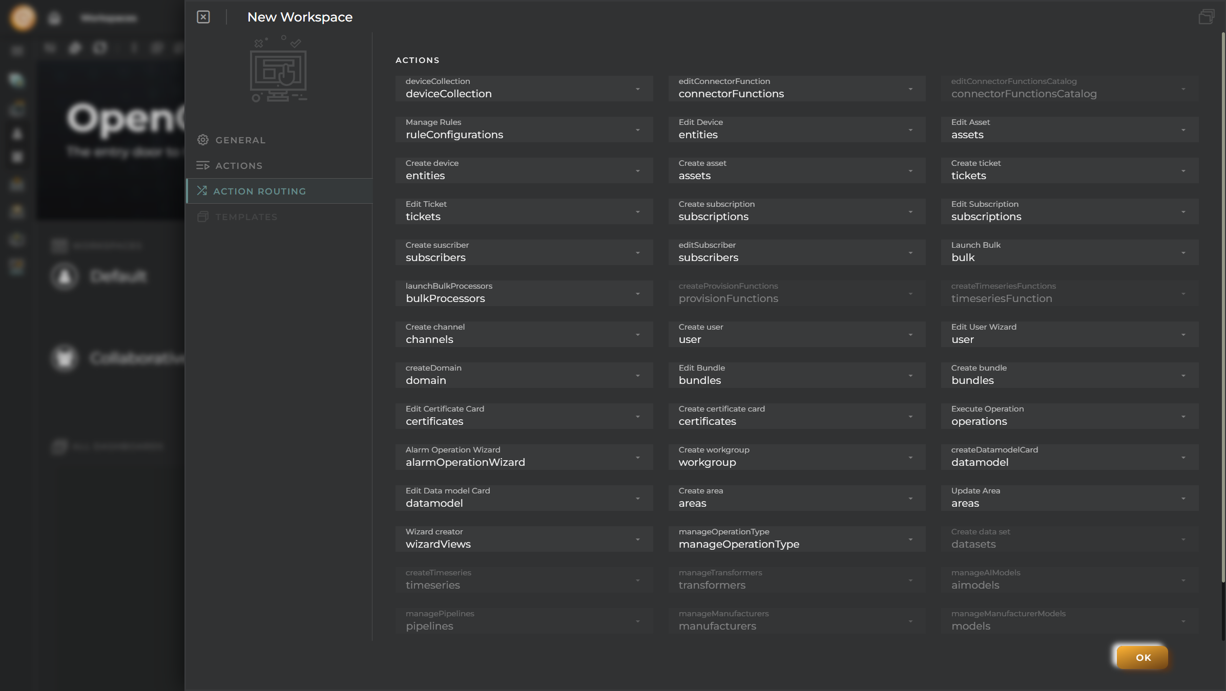 Workspace configuration action-routing